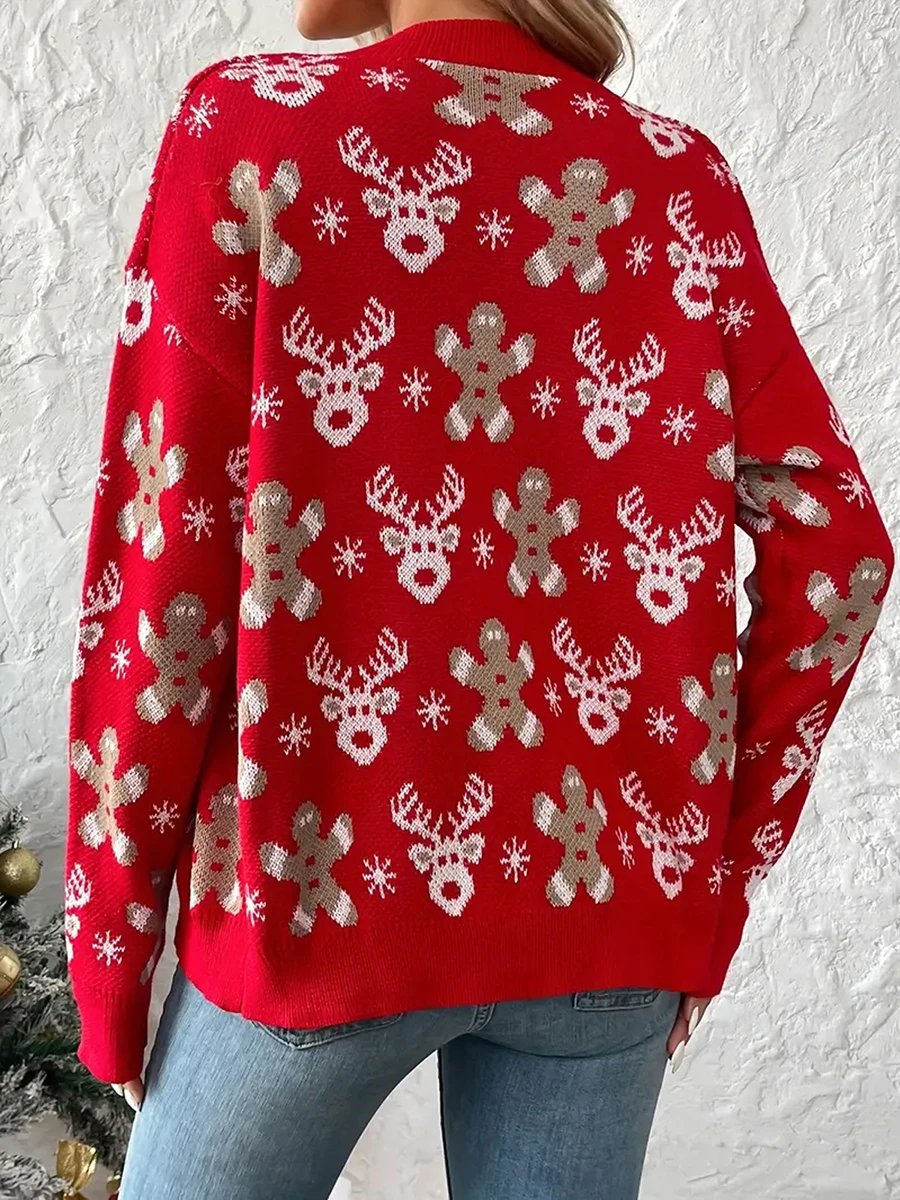 Women's Christmas Sweater Cardigan Long Sleeve V Neck Button Up Elk Gingerbread Man Print Knitwear