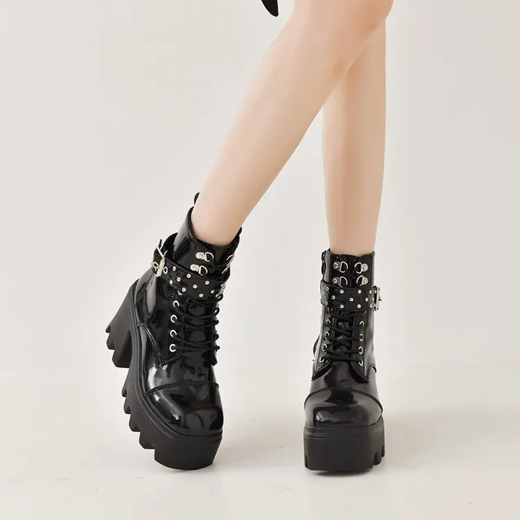 Women's Gothic Platform Boots, Punk High Heel Booties With Chain & Rivet Decoration, Black Motorcycle Boots_voghion.com
