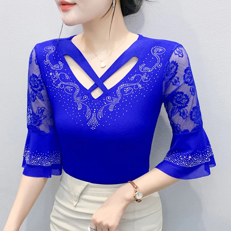 

New 2025 Summer V-Neck Three-Quarters Sleeve Women's Shirt Fashion Sexy Hollow Out Hot Diamond Lace Tops Mesh T-Shirt