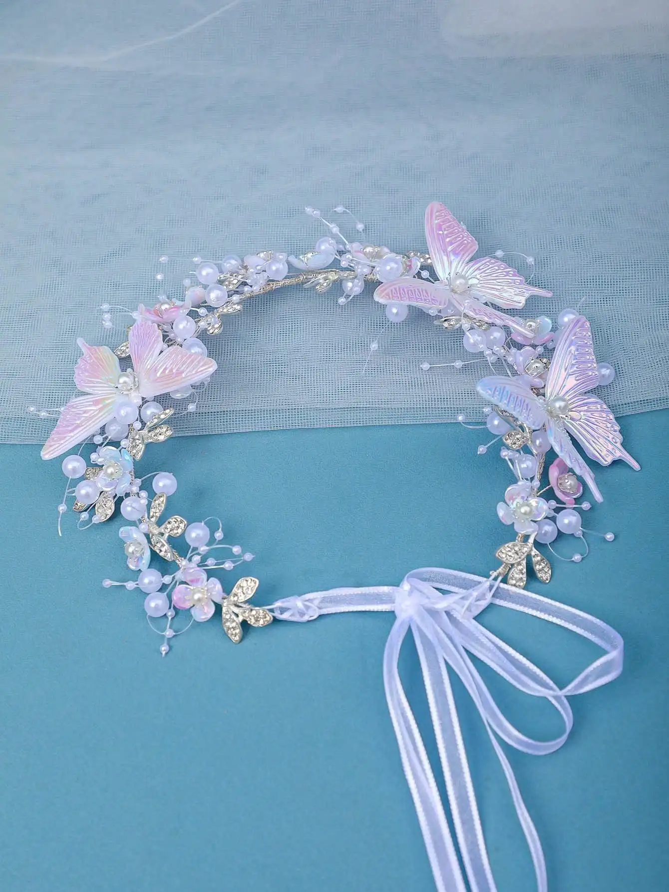 Romantic & Elegant Iridescent Butterfly & Shell Floral Headband – Beach Accessory, Bridal/Wedding, or Princess Birthday Gift view 6