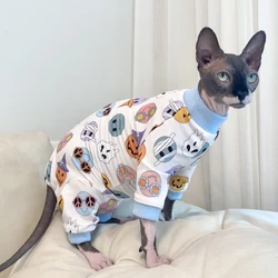 4-Legged Blue Cotton Coat for Sphynx Cat Pumpkin Skulls Halloween Costumes for Kittens Devon Rex Soft Undershirt Holiday Clothes