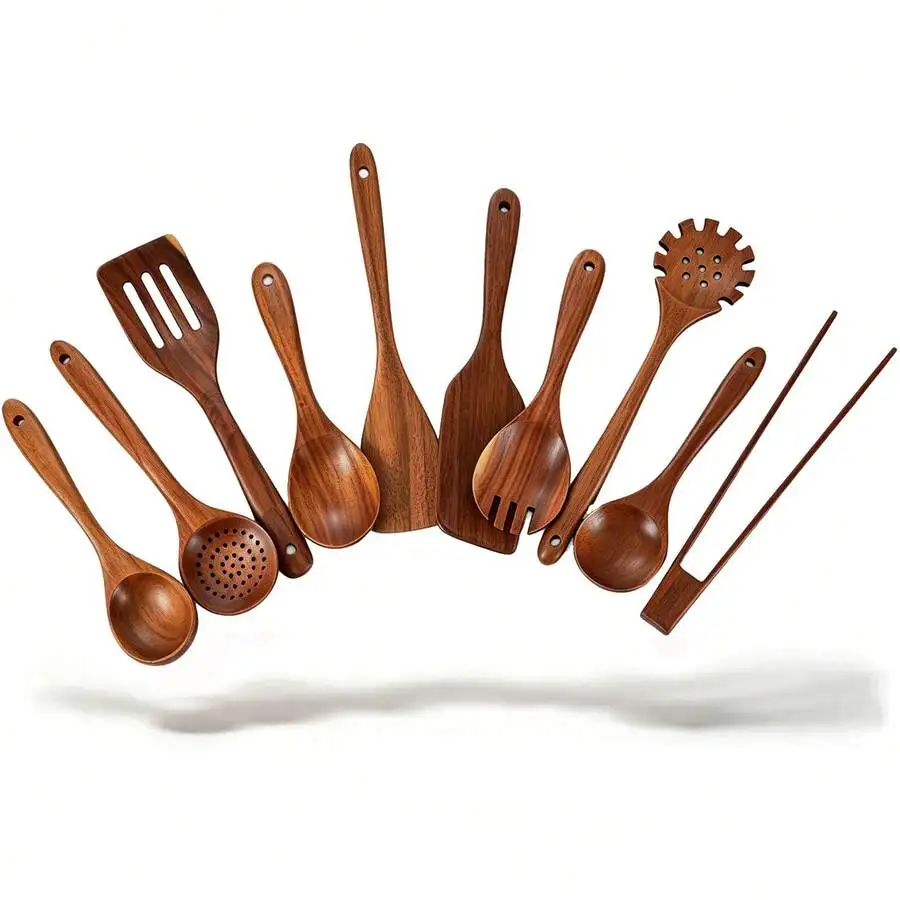 10pcs Premium Teak Wood Cooking Utensils Set, Scratch-Resistant Kitchen Tools For Non-Stick Cookware, Thickened Handle Spoons &