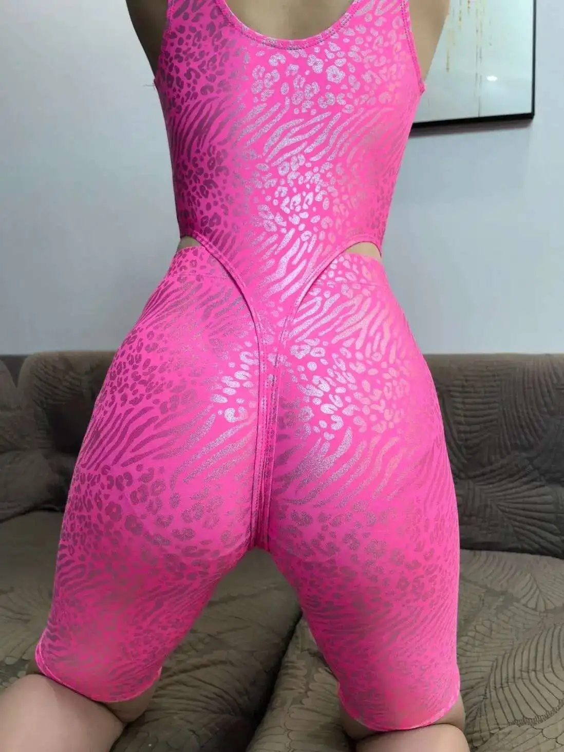 Sleeveless Tight Fitting Bodysuit Top Shorts Set Glossy Leopard Women Dress Sports Running Fitness Activity Overall Rompers