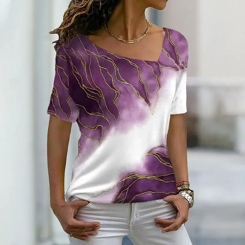 Camiseta holgada de manga corta con cuello inclinado para mujer, Tops estampados, moda de verano