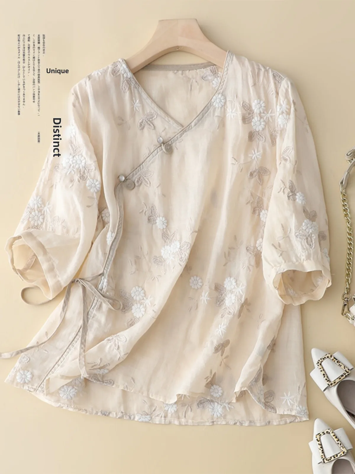 

Женский тонкий топ из хлопка и льна с вышивкой Ele ort Sve V-Ne на пуговицах, летний модный повседневный свободный топ