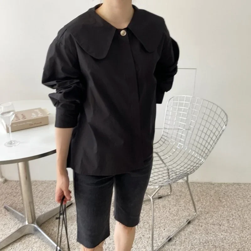 Sweet Peter Pan Collar Back Pleated Shirt Women Spring Autumn 2024 New Loose Casual Blouse Korean Chic Elegant Vintage Blusas