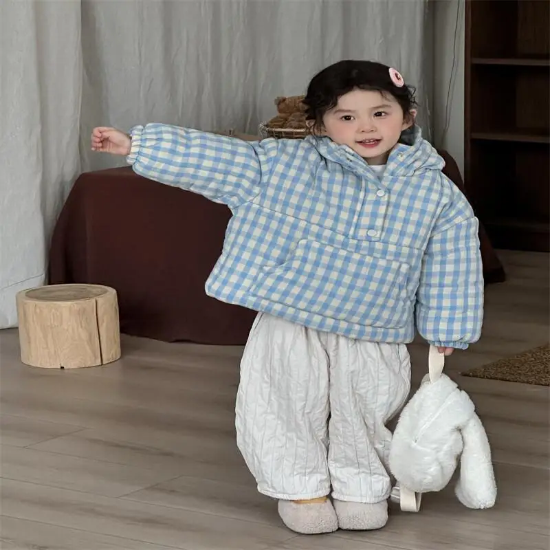 

2025 Girls Padded Jacket Autumn Winter Plaid Warm Coat Hooded Tops Comfortable Outerwear Children Clothing 4-8 Years Old Trendy