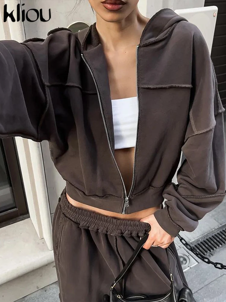 kliou Casual Fall Women 2 Piece Set Classic Solid Sporty Basic Zip-up Hood Coats+Straight Loose Pants Female Matching Tracksuits