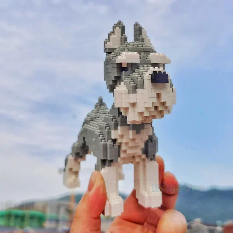 Micro bloques de construcción del mundo Animal de dibujos animados Kawaii para niños, modelo de perro mascota gris, Mini juguetes de diamantes DIY, ladrillos para regalos