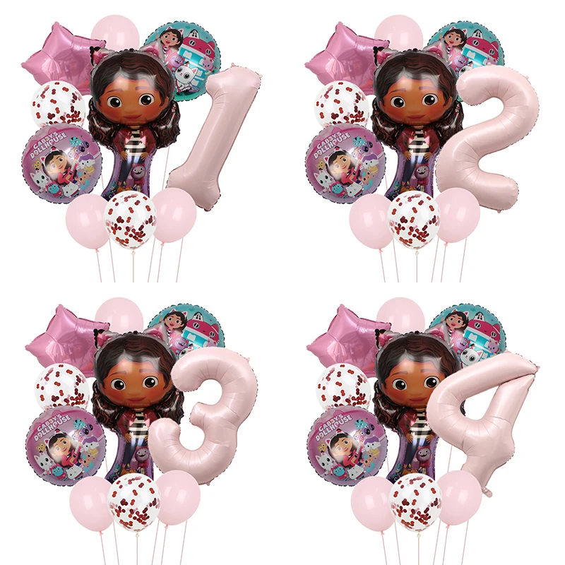 1set Gabby Dollhouse Pink Number Balloon Children's Birthday Party Decoration Latex Aluminum Balloons Girl Gabby's Doll Balloon