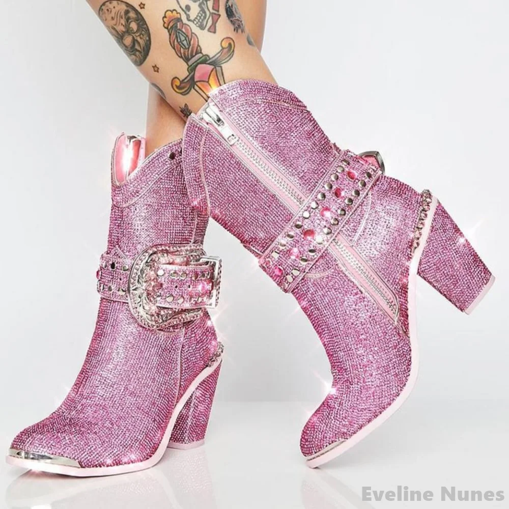 

Роскошные ковбойские сапоги в стиле вестерн со сверкающими стразами, женские сапоги до середины икры на массивном каблуке с пряжкой, модные подиумные ботинки