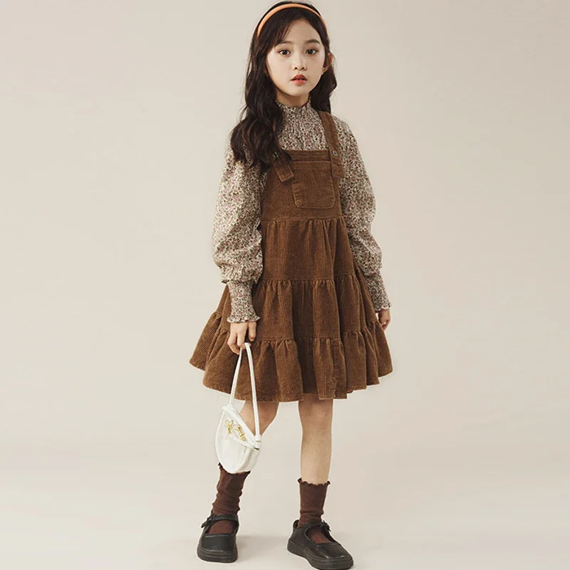 

Spring Autumn New Vintage Girls Ruffled Corduroy Dress Children Korean Sleeveless Suspenders Dress Match Printed Shirts Clothes