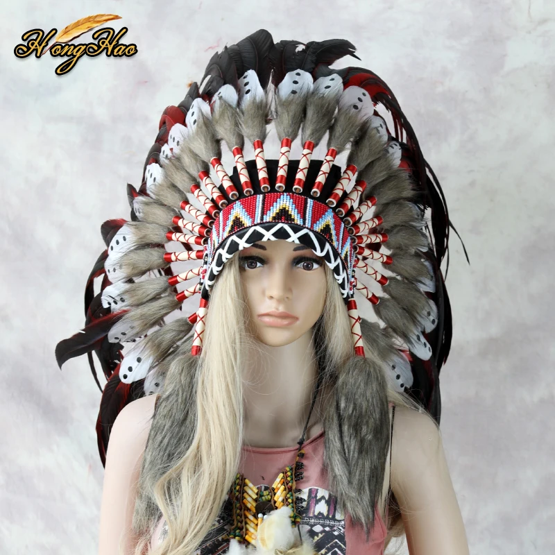 Customized Handmade Big Red Indian Feather Headdress Replica Made Cosplay Headpiece Costumes Decoration Halloween Party Hat