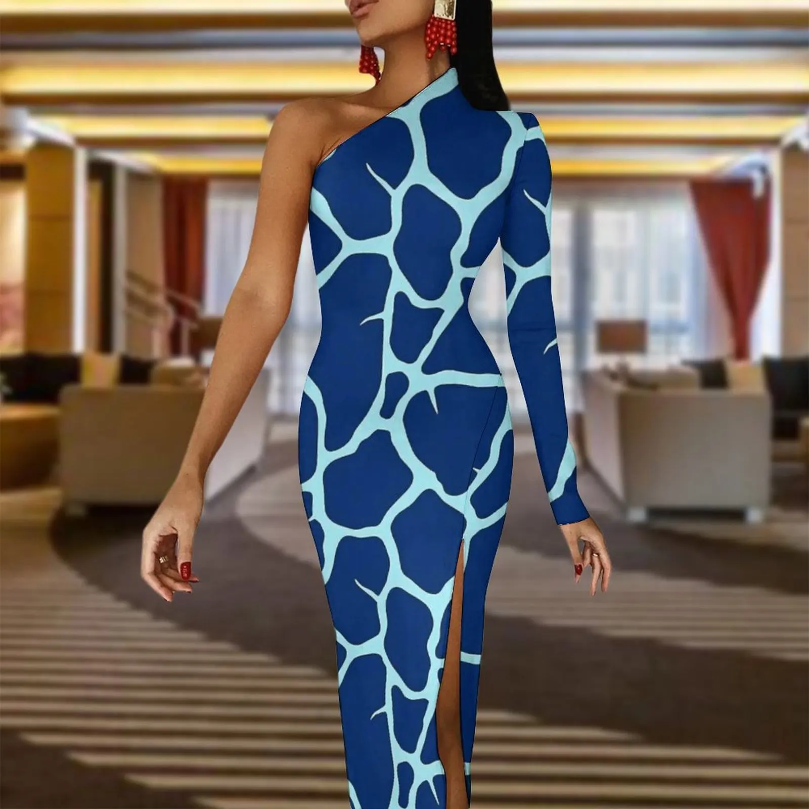 Giraffe Print Maxi Dress One Shoulder Blue Animal Skin Vintage Bodycon Dress Summer Party Long Dresses Women Custom Vestido