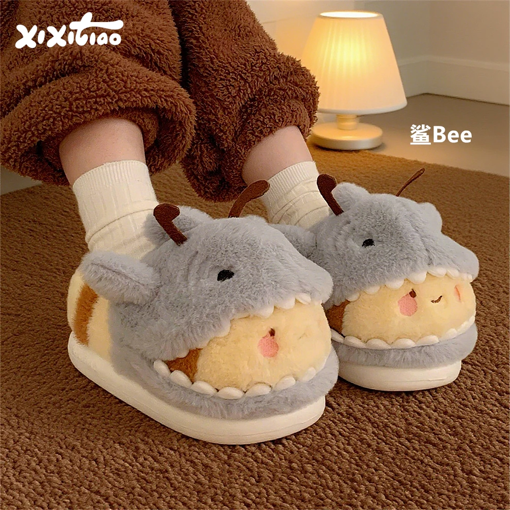 

Хлопковые тапочки с изображением акулы для мужчин и женщин, забавные и милые домашние тапочки для пары акулы и волосатая зимняя обувь