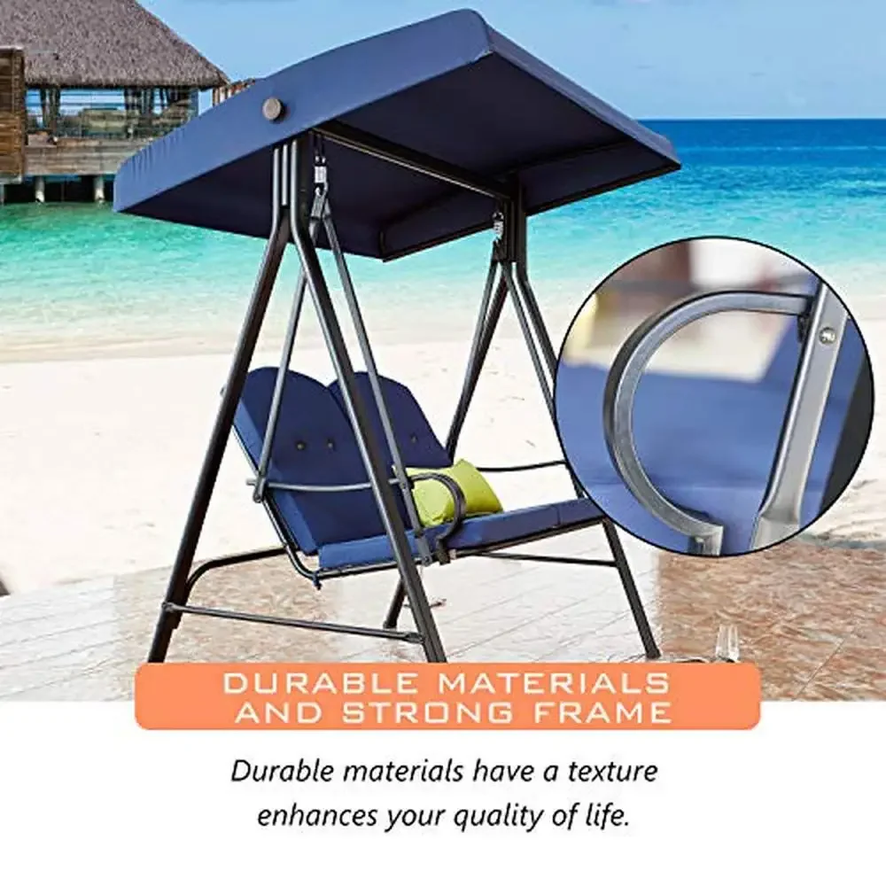 2-Seats Adjustable Canopy Steel Frame Patio Swing Outdoor Furniture Weather Resistant Blue Seat Comfortable Design UV Protection