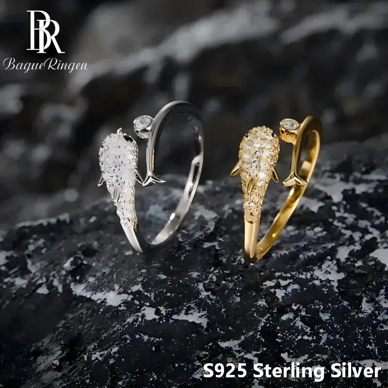 925 sterling silver inlaid moissanite dolphin ring, ocean animal light luxury style ring for women