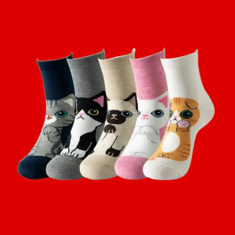 

5 Pairs Cartoon Cat Cute Funny Personality Soft Comfortable Chrismas Gift High Quality Cotton Socks For Women 2024 New Socks