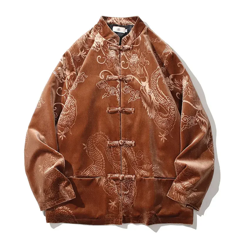 Autumn Winter Vintage Black Brown Velvet Pattern Dragon Tang Suit Coat Men Traditional Chinese Casual Jacket Tai Chi Uniform