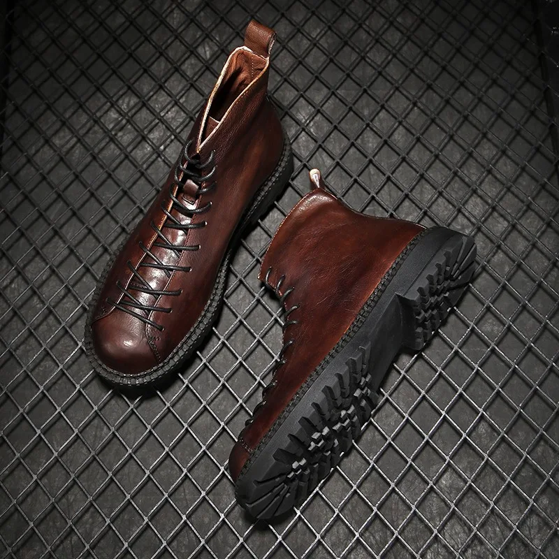 British Vintage Men Motorcycle Boots Genuine Leather High Top Work Boots Outdoor Walking Ankle Safety Shoes Botines Zapatos