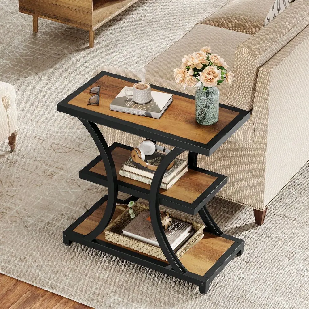 

3Tier Industrial Side Table With Metal Frame Rustic Brown End Table For Living Room, Bedroom Small Spaces