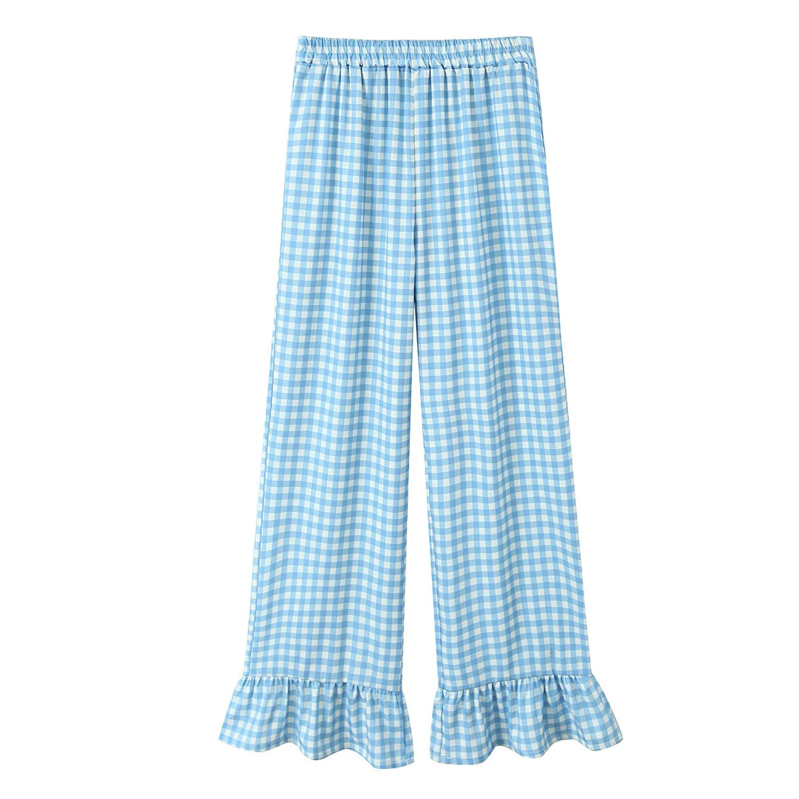 Calças compridas retrô xadrez francês estampado feminino, calças soltas femininas, de cintura alta, elástico, casual, de fala alta, doce