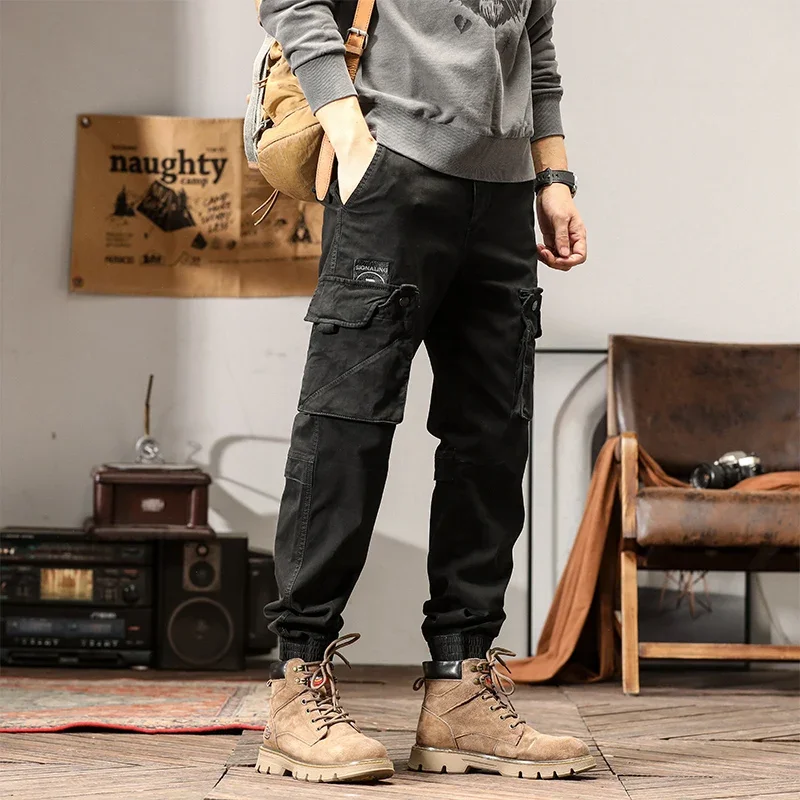 

Men's Cotton Loose Sports Casual Pants Fashion Multi-Pocket Simple Binding Feet zipper Hip Pop Streetwear Cargo Pants Jogger Men