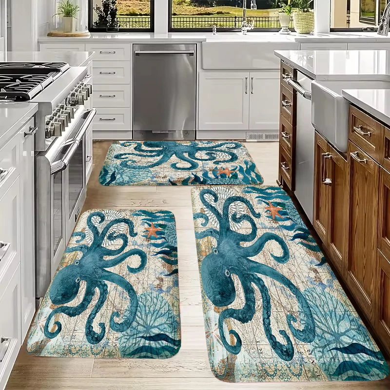 Tropical Marine Animals Bathroom Doormat Flannel Soft Home Decoration Carpet Seahorse Octopus Entrance Foot Pad Retro Floor Rug