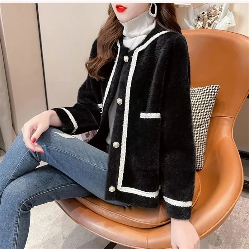 Koreanische Weibliche Lmitation Nerz Pelzmantel Herbst Winter Damen Mode Verdickung Pullover Jacke Frauen Lange Ärmel Strickjacke