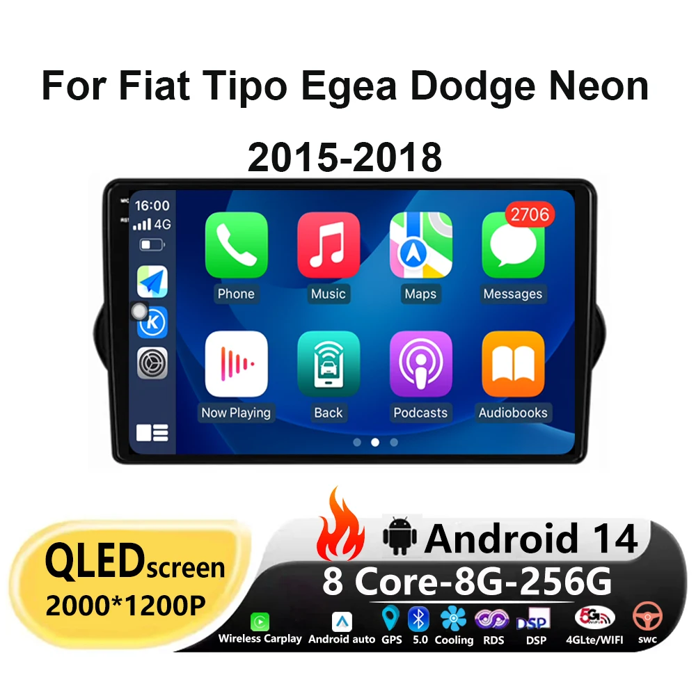 

9'' Android 14 Car Radio For Fiat Tipo Egea Dodge Neon 2015-2018 Carplay Auto Multimedia Video Player Navigation GPS DSP Stereo