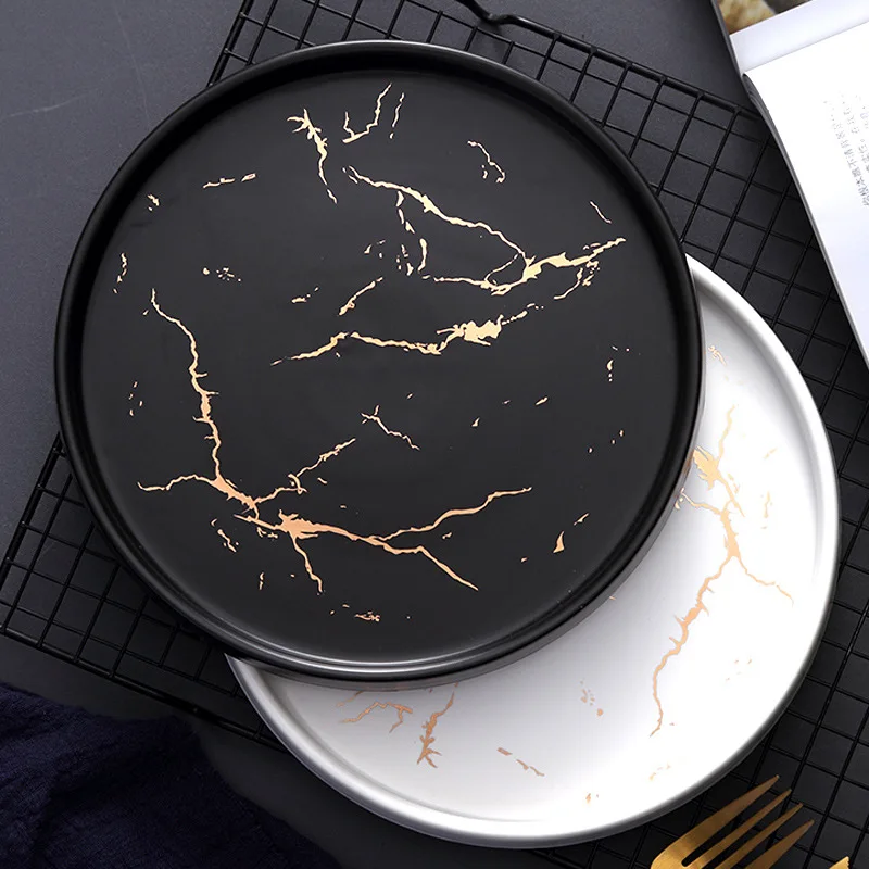 

European Marble Ceramic Plate Round Western Steak Home Cooking Dishes Hotel Restaurant Tableware Sundries Storage Tray New