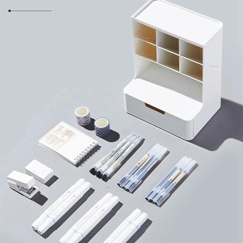 Multifunctional Pen Holder Storage Box Drawer Multi-Layer Dustproof Desktop Office Supplies Storage Box White Durable