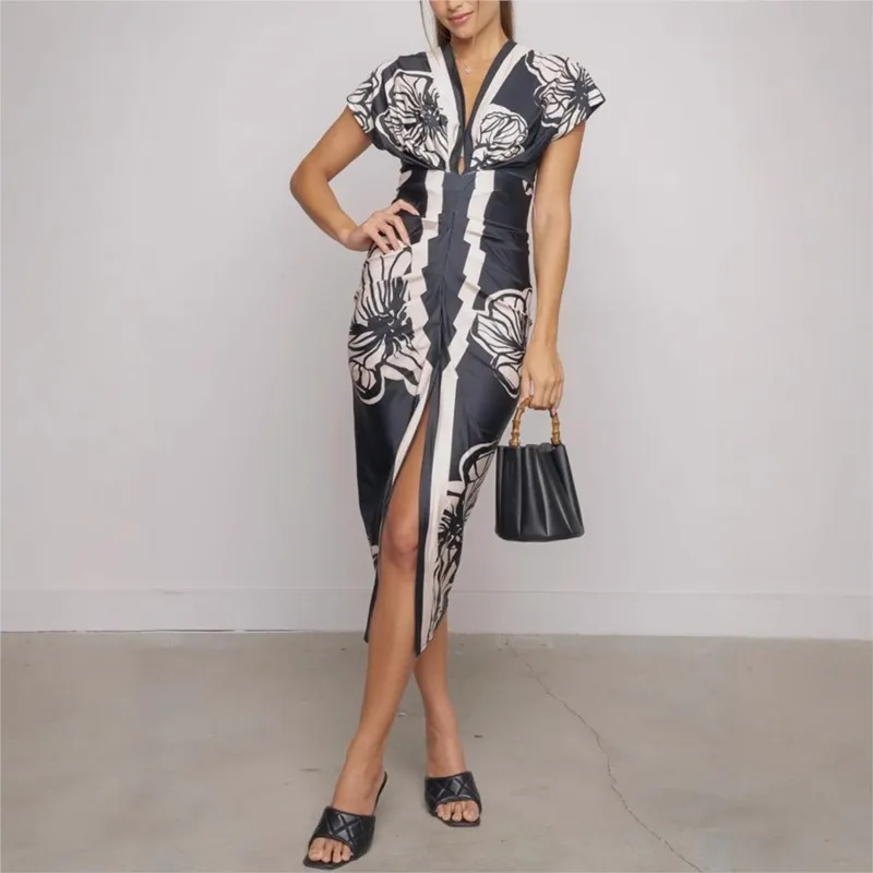 

Bohemian Fashion Floral Print Women's Mid Length Dress Summer Sexy Deep V-neck Slim Fit Dresses Ladies Chic Vacation Vestidos