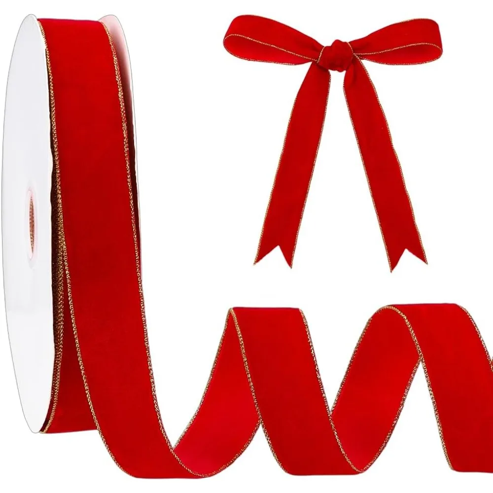 

1 Roll 20 Yards Velvet Ribbons with Gold Edged for Gift Wrapping Bowknot Making Crimson 1 inch(25mm)