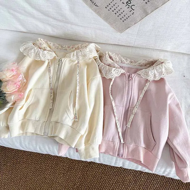 الربيع الدانتيل سترة الفتيات معطف مقنع جديد الأطفال لطيف الحلو ملابس خارجية طفل بأكمام طويلة سستة رداء علوي غير رسمي الخريف موضة الملابس