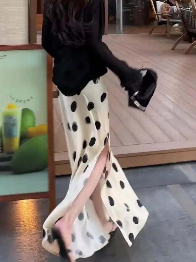 Silk Polka Dot Half-length Skirt Women's Fashionable High-waisted Asymmetrical Long Skirt Elegant Versatile Casual Summer Dress