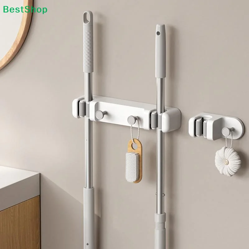 ❀ ❀ Porta Scopa Da Parete - Organizzatore Regolabile Per Scope Con Ganci Per Bagno E Cucina