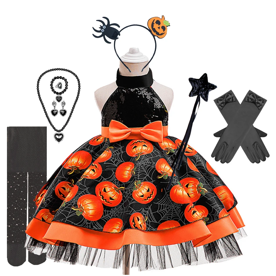 Baby Girls Sequins Halloween Pumpkin Halter-neck Tutu Dress Children Toddler Kid Witch Cosplay Costumes Spider Web Pumpkin Skirt