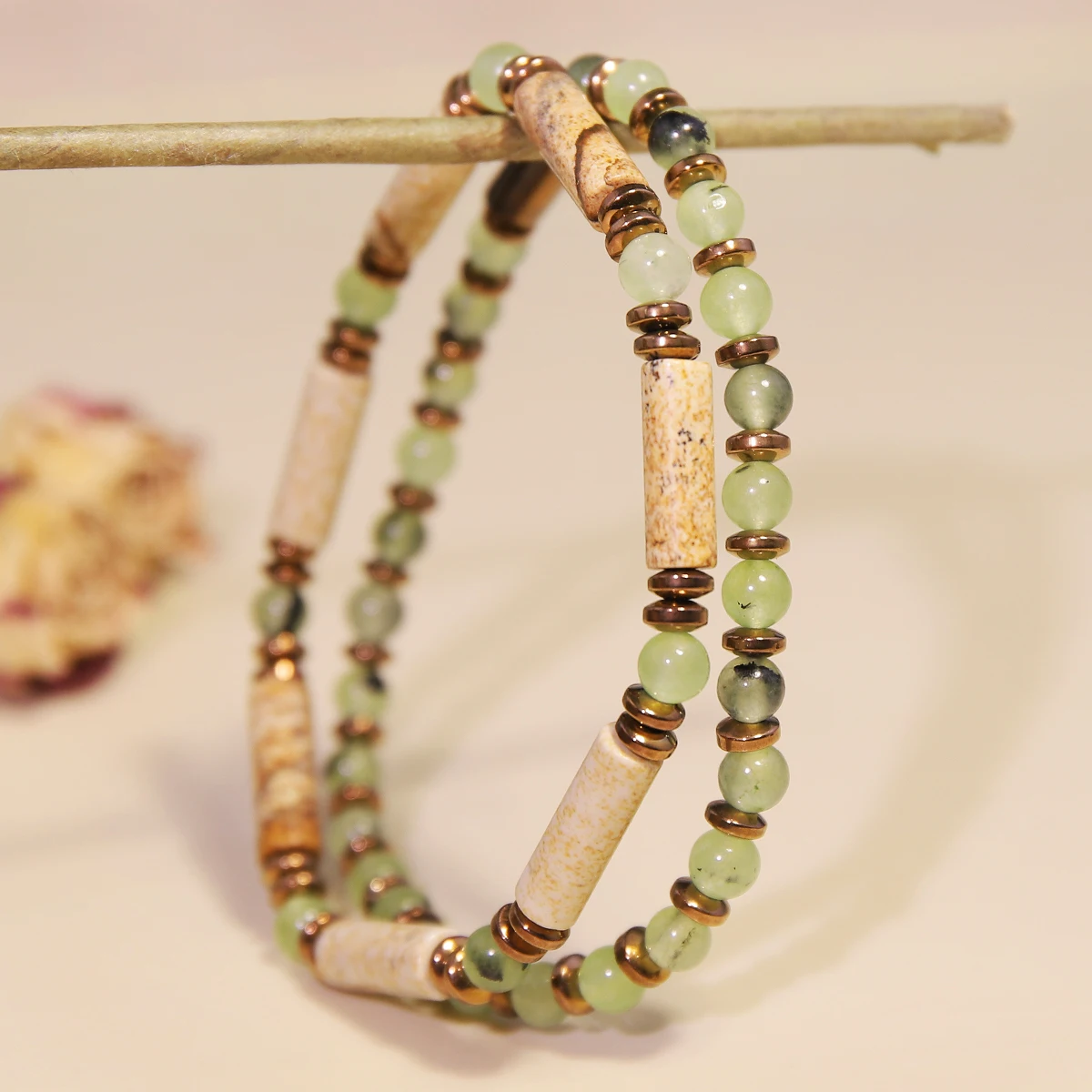 2pcs Hot-selling natural stone 4mm Canadian jade + tube bead bracelet set, suitable for daily wear and gifting.