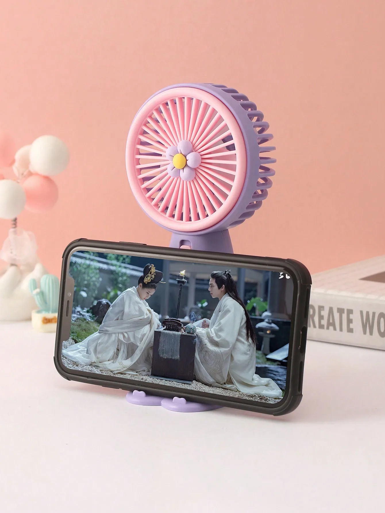 

1pc Battery Powered Portable Handheld Mini Fan With Cartoon Flower Design, USB Charging Cable Included