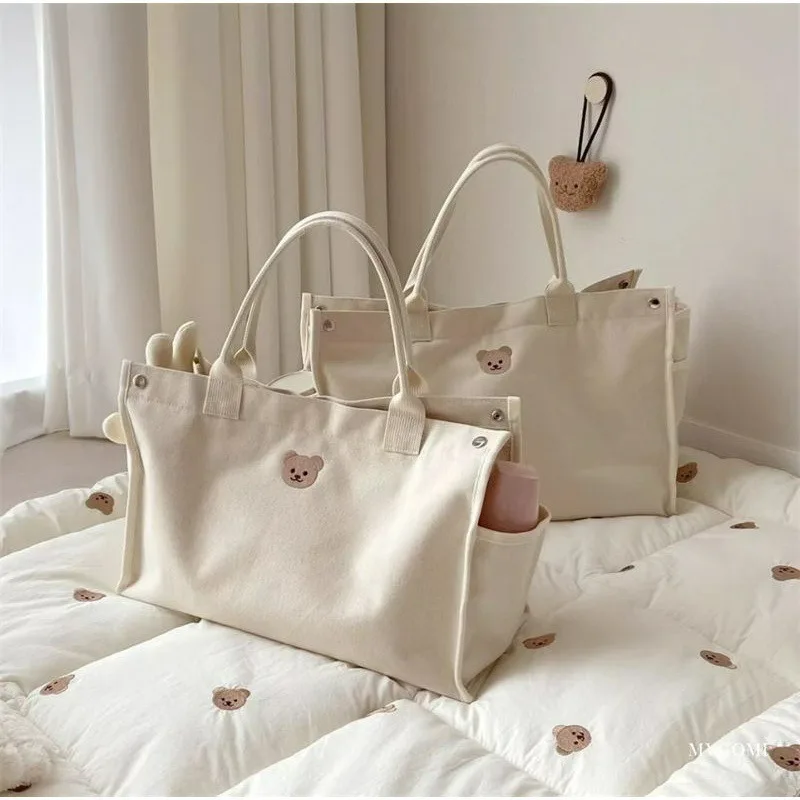 Embroidery Canvas Tote Bag Multi Pocket Large Capacity Shoulder Handbag Casual Shopping Mummy Bag Daily Travel Storage Bag