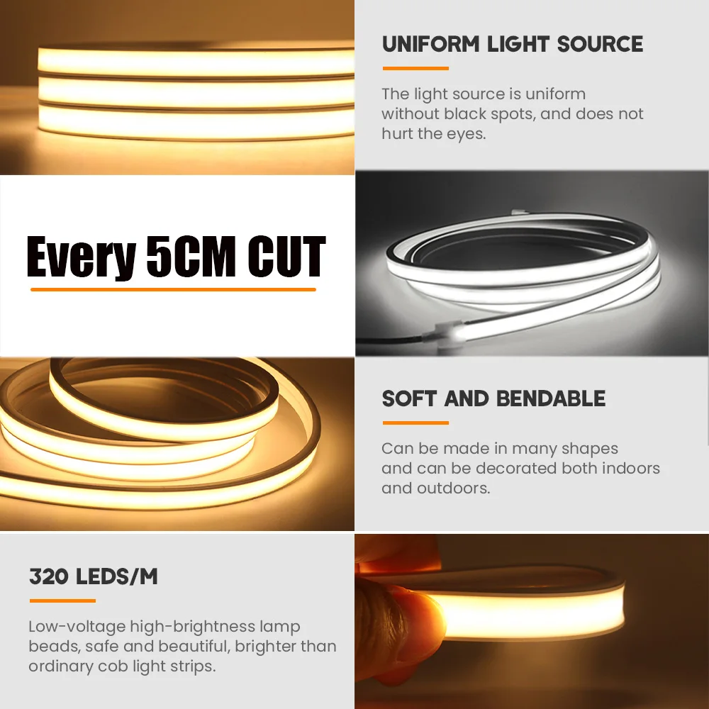 DC 5V USB COB Neon Light Waterproof 3000K 4000K 6000K White Home Garden Decor TV BackLight Flexible Ribbon Tape Diode LED Strip