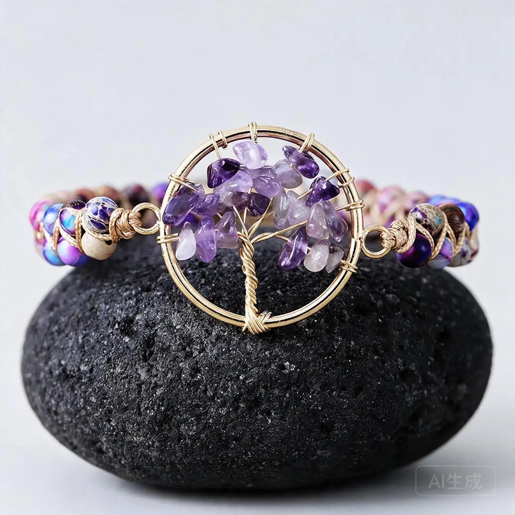Ins LuxuryHandwoven Natural Gemstone Tree Of Life Bracelet Amethyst Clear Quartz Green Aventurine Amazonite Adjustable Couple