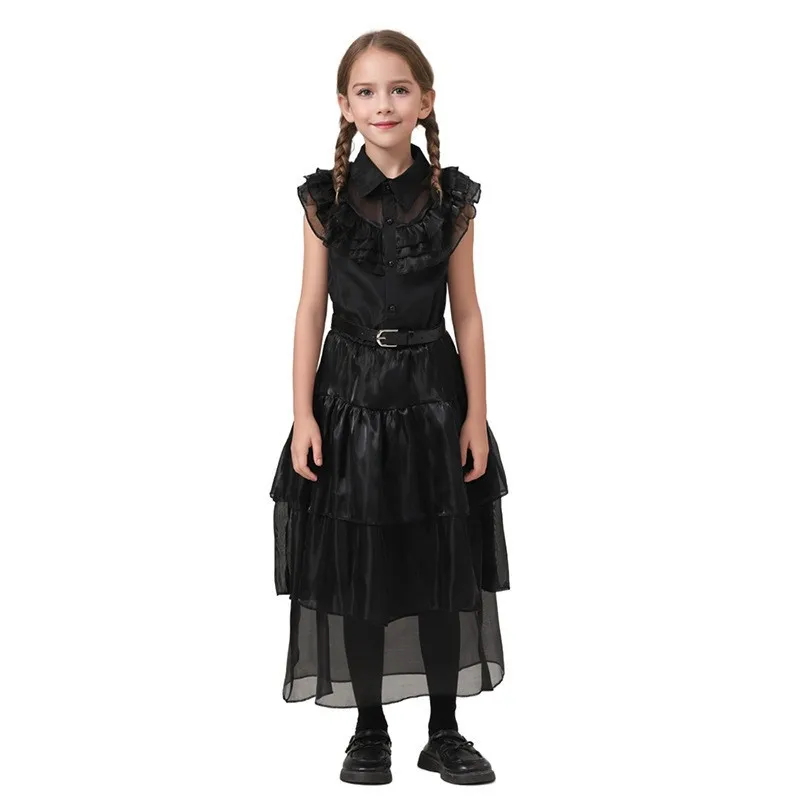 Halloween Black Gauzy Dress Children Fashion Sweet Holiday Party Long Dress Girl National Costume Stage Performance Clothes