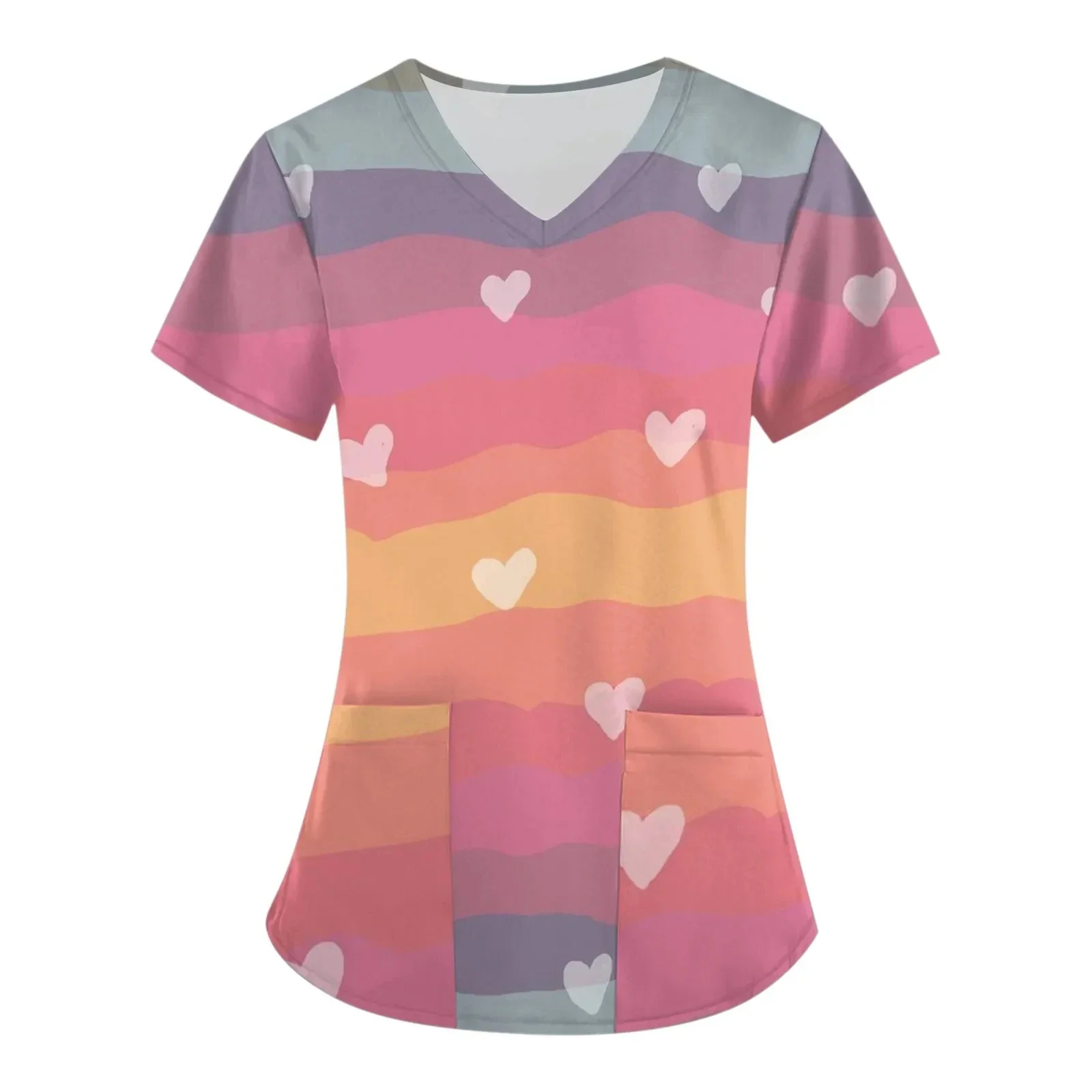 المرأة العمل موحدة ابتسامة القلب طباعة قصيرة الأكمام الخامس الرقبة جيب تصميم القمم الدعك الزي الطبي السريري بلوزة نسائية #4