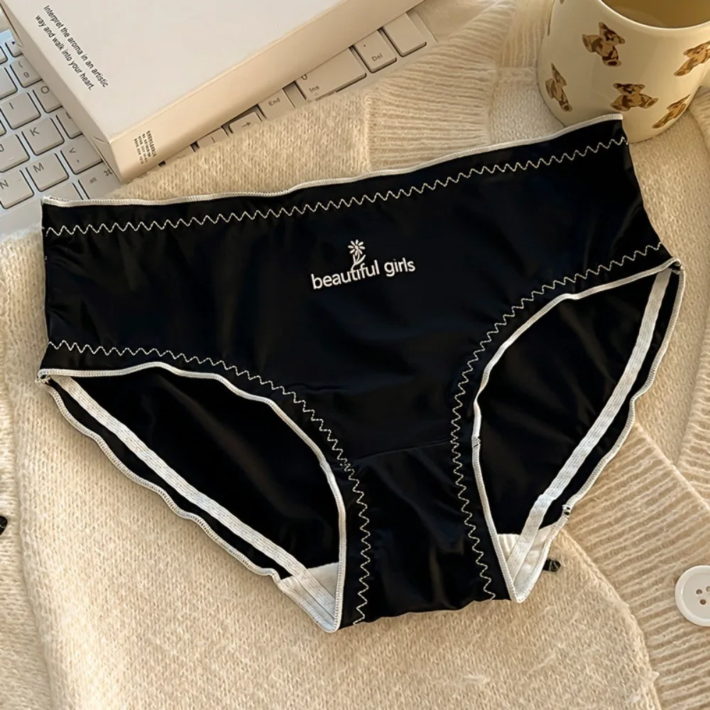 

Solid Color Ice Silk Embroidery Letter Panties Underpants Cotton Crotch Women's Ruffle Satin Silk Briefs Mid Waist Lingerie
