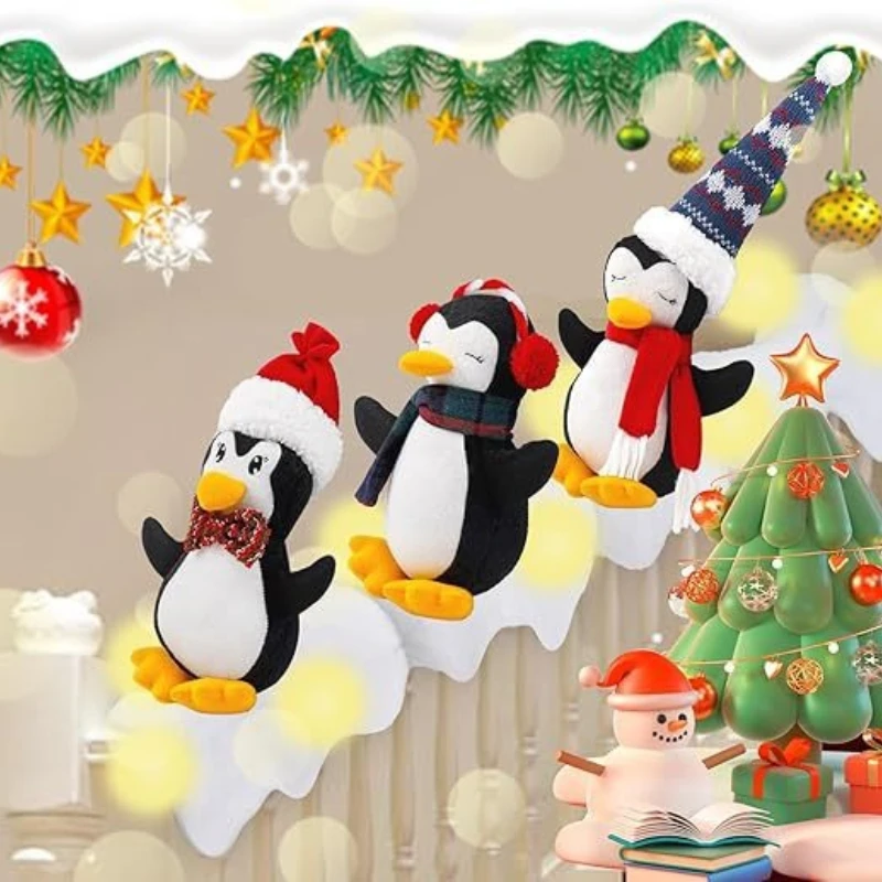 3Pcs/set Christmas Penguin Staircase Decor with LED Lights Plush Penguins with Santa Hats for Indoor Stairway Handrail Banister