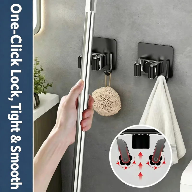 Stainless Steel Mop Broom Holder, Self Adhesive Wall Mounted Mop Clip, Punch-Free Bathroom Storage Hook Rack - view 4