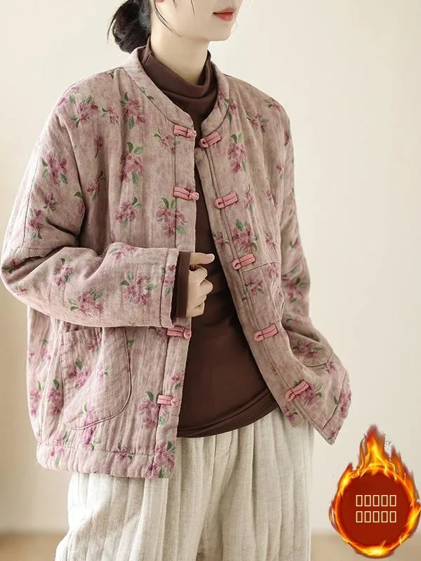 

Ретро-китайская свободная женская хлопковая куртка на пуговицах с теплым цветочным принтом для повседневной носки, подчеркивающая фигуру