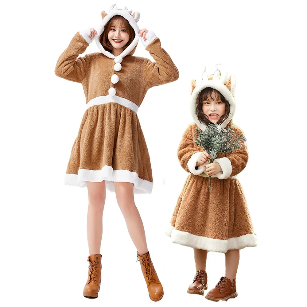 

Women Christmas Cute Reindeer Costume Animals Elk Christmas Reindeer Hooded Dress Role Play Dress Up Parent-Children Clothes